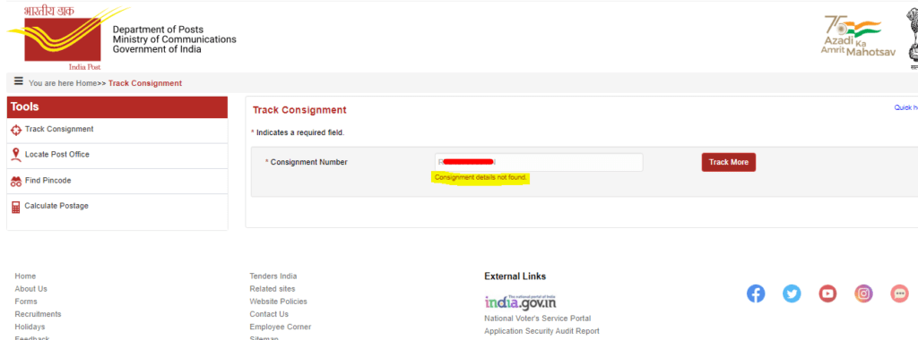 speed post consignment details not found